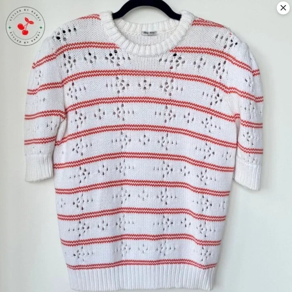 Miu Miu Pointelle-Paneled Striped Sweater in White and Orange
